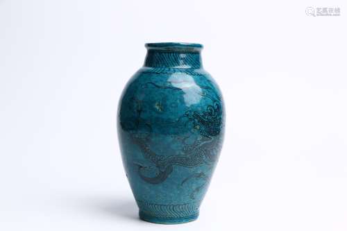 Old Collection A Blue Glaze Vase with Dragon Painting of Jizhou Kiln
