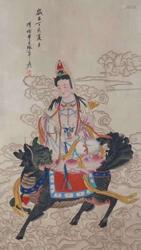 a painting of guanyin and qilin by zhang daqian