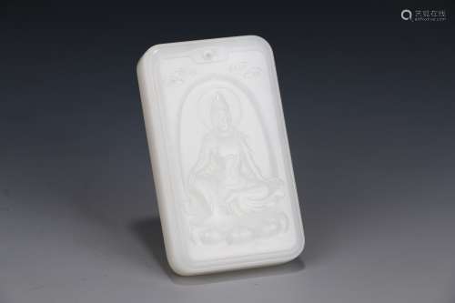 Old Collection  A Hetian Jade Tablet with Guanyin Carving
