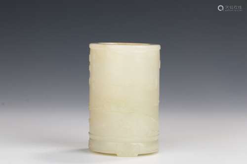 A Hetian Jade Brush Pot with Shallow Relief     in the seventeenth century
