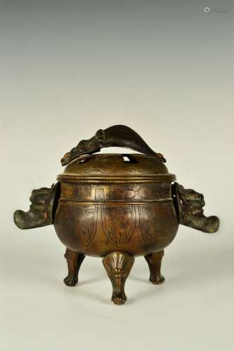 Old Collection   A Tripod Bronze  Furnace  with  with Animal Feet Decoration and Elephant-trunk Handles       in the seventeenth century