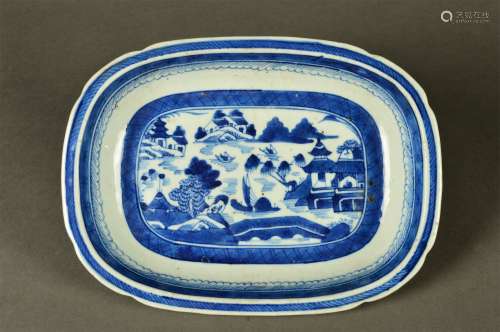 A Blue and White Square Plate with Landsacape Design  in the eighteenth century