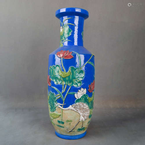 A Chinese Famille Rose Floral Carved Porcelain Vase