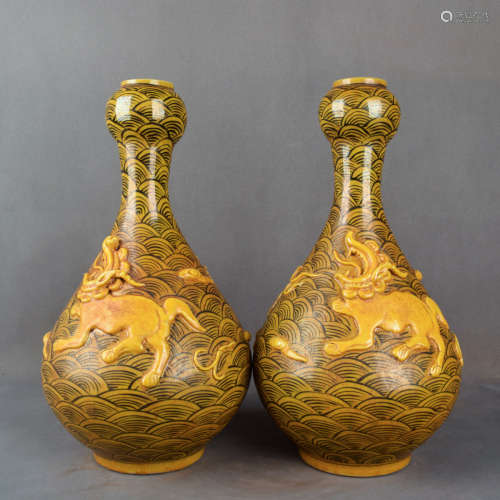 A Pair of Chinese Yellow Glaze Relief Porcelain Garlic-head Bottle