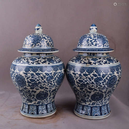 A Pair of Chinese Blue and White Floral Porcelain Jar