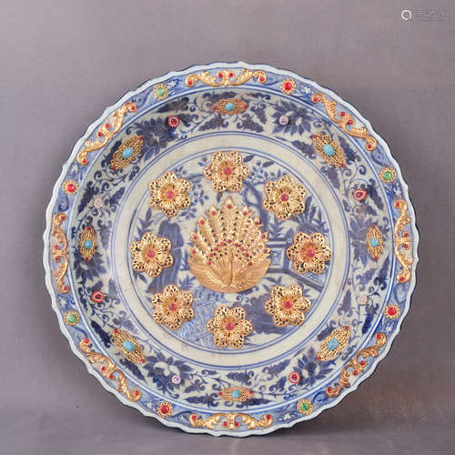 A Chinese Gem Inlaid Blue and White Floral Porcelain Plate