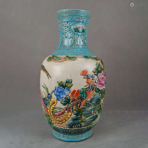 A Chinese Famille Rose Carved Porcelain Vase