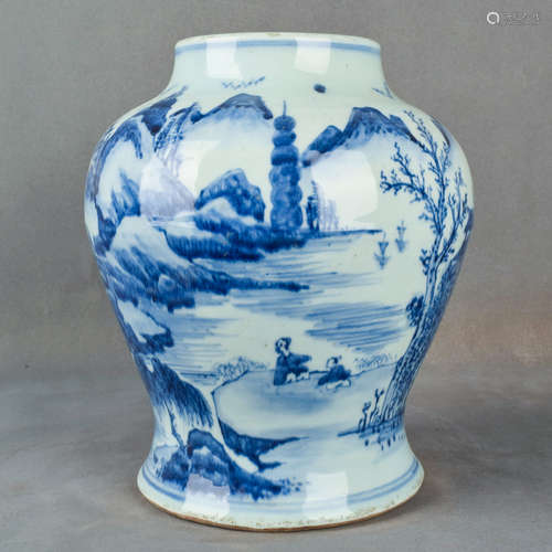 A Chinese Blue and White Landscape Porcelain Jar