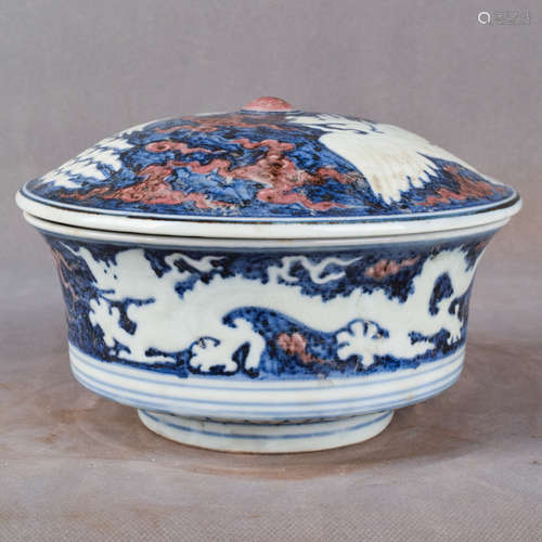 A Chinese Blue and White Underglazed Red Floral Porcelain Bowl with Cover