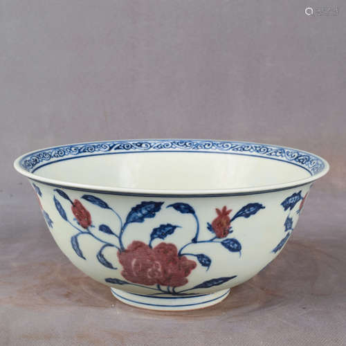 A Chinese Blue and White Underglazed Red Floral Porcelain Bowl