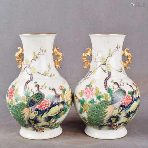 A Pair of Chinese Enamel Flower&Bird Pattern Porcelain Dragon Ears Vase