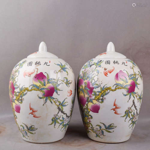 A Pair of Chinese Famille Rose Peach Painted Porcelain Jars