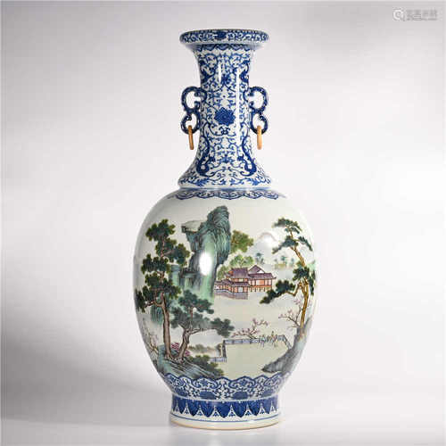 Qianlong of Qing Dynasty            Blue and white pink bottle with two ears