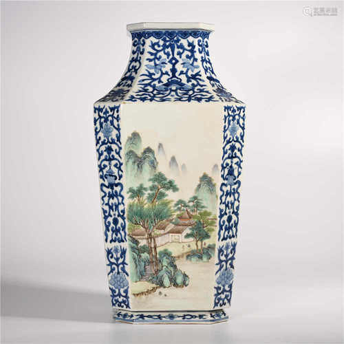 Qianlong of Qing Dynasty            Blue and white pastel hexagonal vase