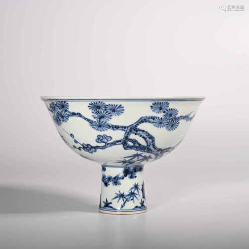 Ming Xuande            Blue and white goblet with pine, bamboo and plum design