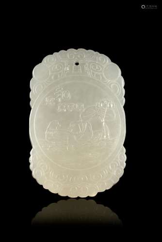 A white jade small plaque decorated with calligraphy and peonies China, 20th century (l. 5.5 cm.)...