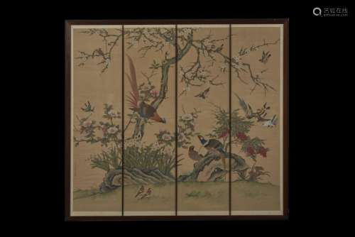 A four sections painting on silk painted with birds in a landscape and blossoming branches, inscribed and with seal of Wang Zheng, framed (slight defects) China, Qing dynasty (1644-1911) (133x143 cm.)...