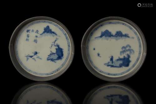 A pair of small blue and white porcelain dishes, with pewter mounts, 