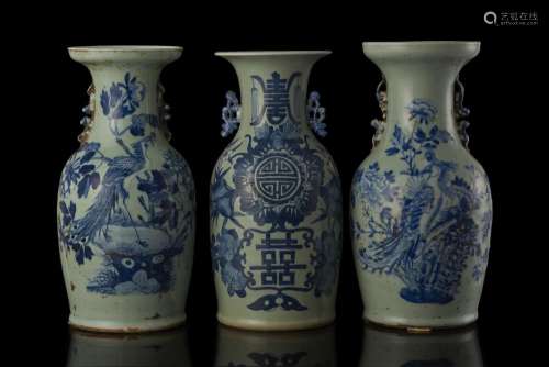 Three celadon-ground baluster vases with blue decoration China, late Qing dynasty (1644-1911) (h. 42 cm.)...