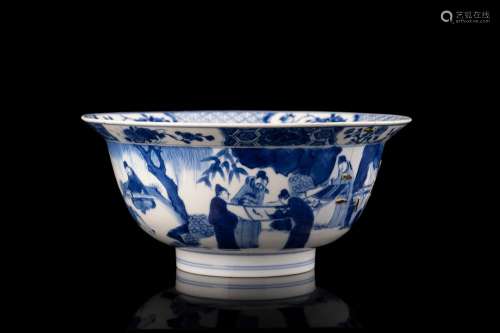 A blue and white porcelain bowl, decorated with a scene of scholars in a garden (defects and restorations) China, 18th century (d. 20.5 cm.)...