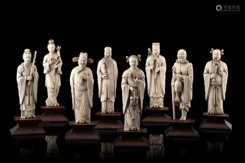 Eight ivory carvings representing the immortals, on later wood bases China, late Qing dynasty (1644-1911) (h. max 16 cm.) This lot may be subject to Import/Export restrictions due to CITES regulations in some extra UE countries...