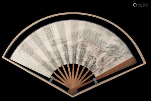 A fan with bamboo sticks and painted paper pages, framed China, Qing dynasty (1644-1911) (ingombro max. 58.5 cm.)...