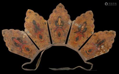 A polychrome ritual Tibetan five buddhas crown, composed of five elements attached by a leather band for wearing (defects) Tibet, 19th century (l. max 55 cm.)...
