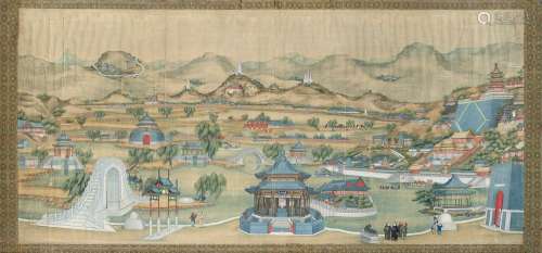 A large painting on silk applied on paper, depicting a view of the Beijing summer Palace (defects) China, late Qing dynasty (1644-1911) (84.5x182 cm.)...