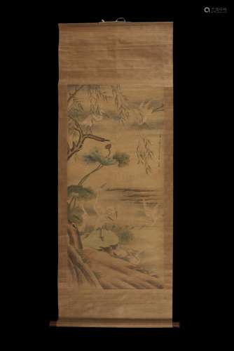 Manner of Wang Yuan, a ink and color scroll on paper, painted with cranes in lagoon landscape (defects) China, 20th century (132x66 cm.)...