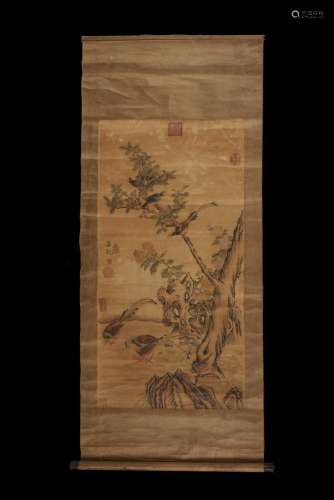 Manner of Lu Ji, a ink and color on paper scroll painted with birds and shrubs (defects) China, 20th century (125x64.5 cm.)...