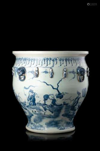 A large blue and white jardiniere, with eight immortals decoration (restorations) China, late 19th century (h. 48 cm.)...