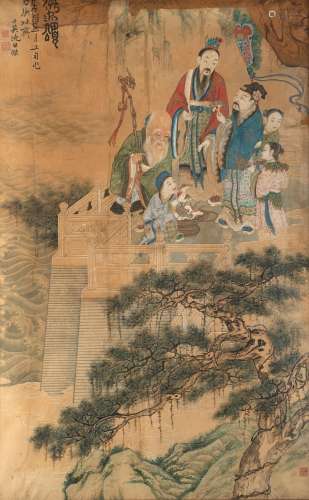 A landscape with figures painting, framed (defects and restorations) China, 18th century (89x139 cm.)...