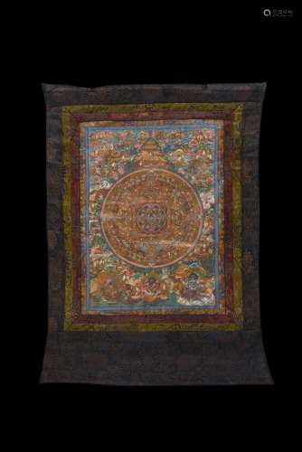 A Tibetan Thangka on paper depicting a mandala (defects) Tibet, 19th century (58.5x42 cm.)...