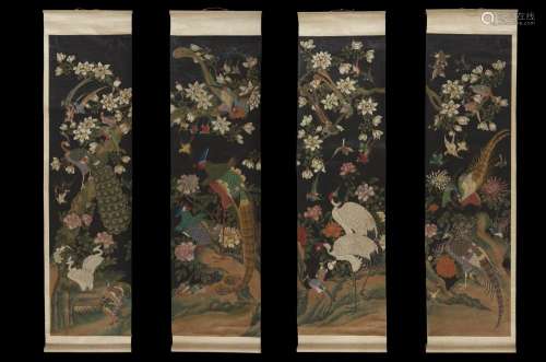 Four black ground scrolls, painted with birds in flowering landscape (defects) China, 20th century (174x45.5 cm.)...