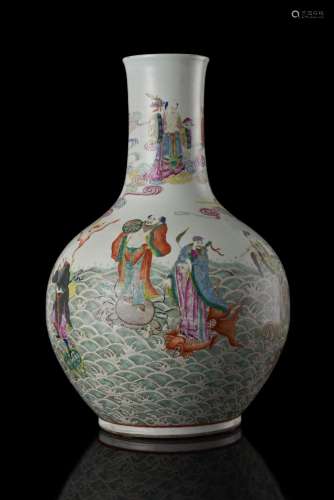 A large famille rose vase, the globular body raised on a low foot, painted with bright enamels,the cylindrical neck decorated with the figures of Fu, Lu, Shou and the He He twins among clouds and bats, the body painted with the Eight Immor...