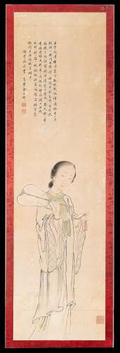 An ink on paper Guanyin holding a fan, applied on canvas (defects) China, late 19th century Provenance Milanese private collection Gianni Russo Antiquities (109.5x31 cm.)...