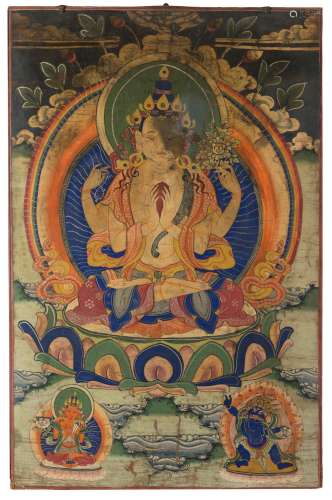 A Thangka depicting Buddha and deities (defects) Tibet, 19th century (cm 58.5x38 cm.)...