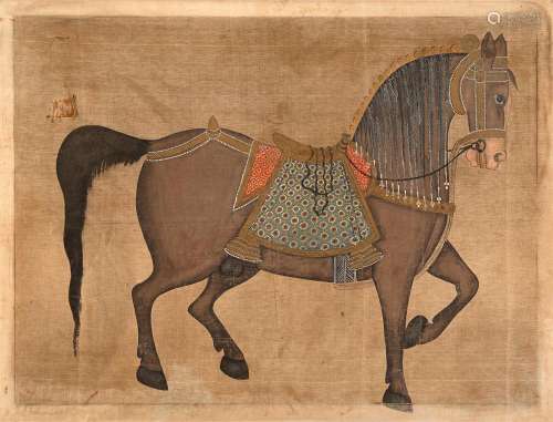 A painting of a harnessed horse. (defects) India, early 20th century (148x194 cm.)...