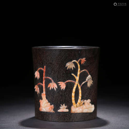 A Chinese Shoushan Stone Inlaid Red Sandalwood Brush Pot