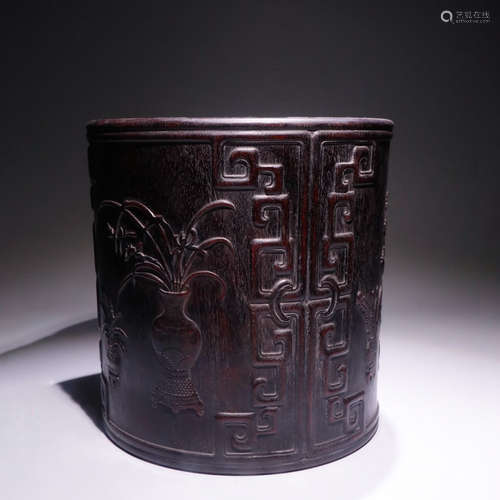 A Chinese Red Sandalwood Carved Brush Pot