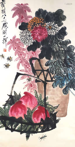 A Chinese Flowers&Peach Painting, Qi Baishi Mark