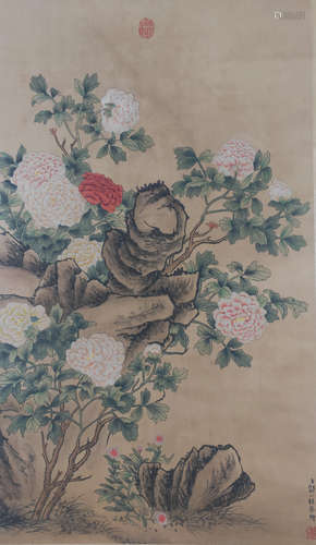 A Chinese Flower Painting Scroll, Zou Yigui Mark