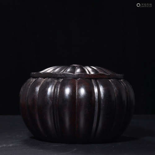 A Chinese Red Sandalwood Melon-shaped Jar with Cover