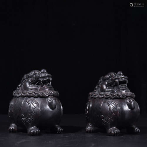 A Pair of Chinese Red Sandalwood Carved Lion Shaped Incense Burner