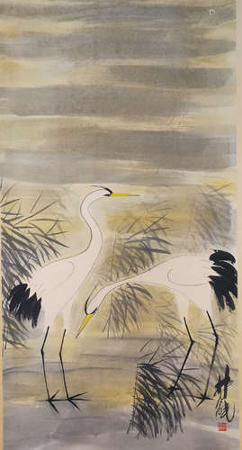 A Chinese Red-crowned Cranes Painting, Lin Fengmian Mark