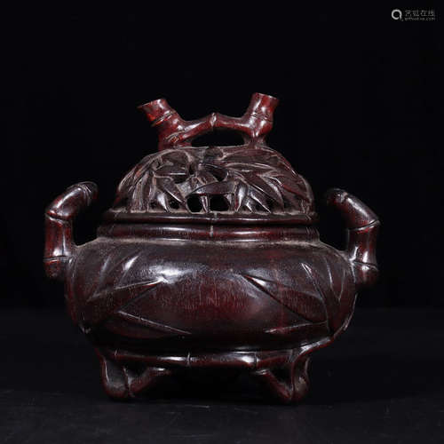 A Chinese Bamboo Joint Pattern Red Sandalwood Tripod Incense Burner