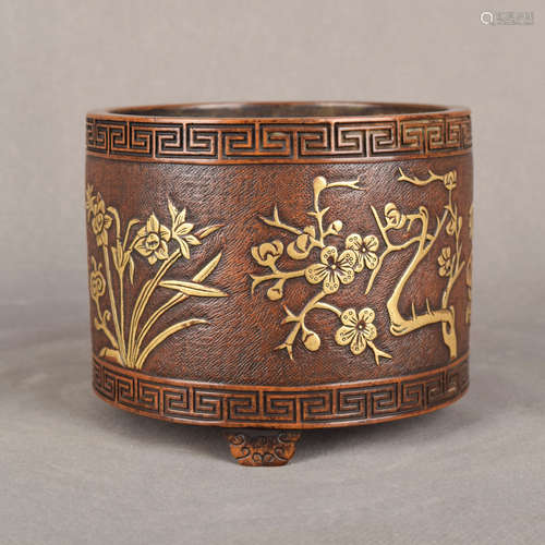 A Chinese Gild Plum Blossom Pattern Red Copper Incense Burner