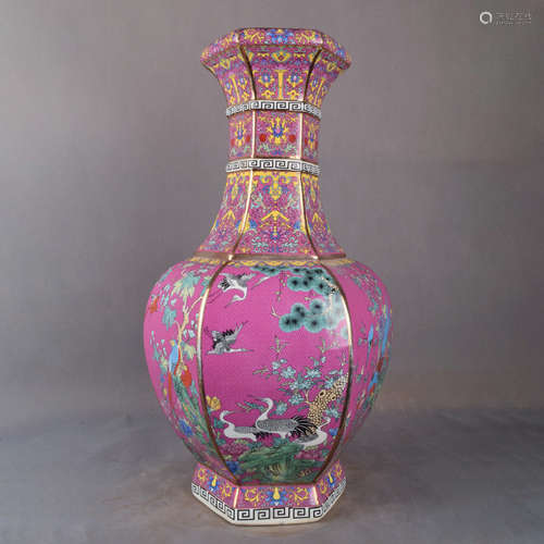 A Chinese Famille Rose Floral Porcelain Hexagon Vase