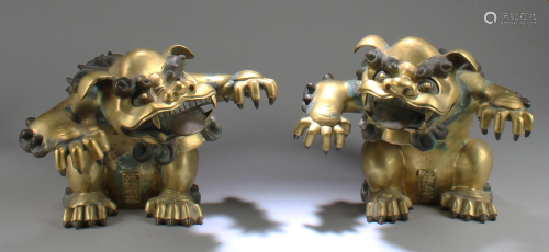 A Pair of Antique Gilt Bronze Mythical Beast Statues