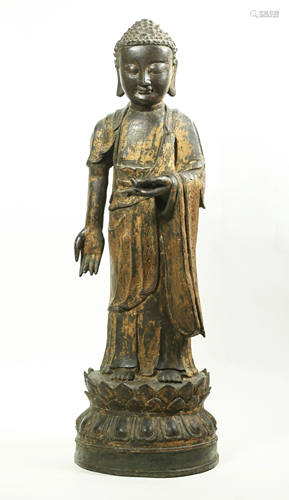 Lg Chinese Ming Gold Lacquer Bronze Standing Budha